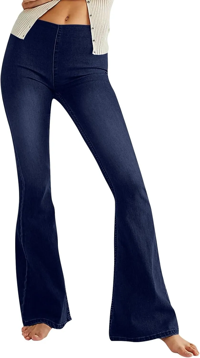 Mid Waisted Flare Jeans for Women Pull-On Skinny Flared Bootcut Denim Jegging Classic Stretch Curvy Bell Bottom Jeans