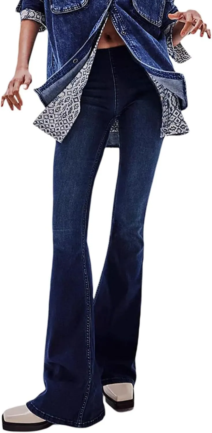 Mid Waisted Flare Jeans for Women Pull-On Skinny Flared Bootcut Denim Jegging Classic Stretch Curvy Bell Bottom Jeans