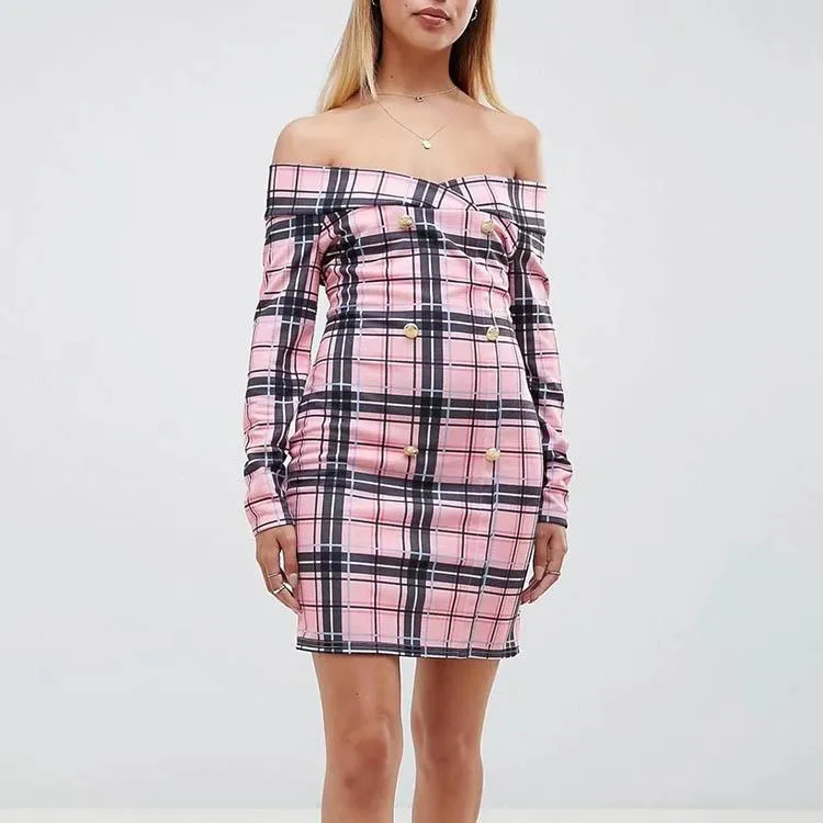 Off Shoulder Lattice Long Sleeve Bodycon Dress