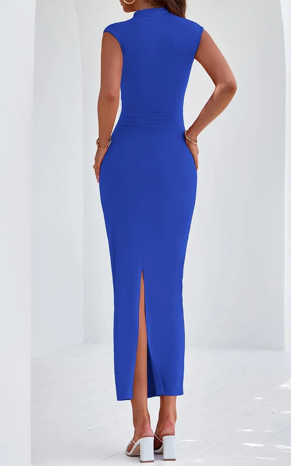 PRETTYGARDEN Women's Summer Maxi Dress Ruched Bodycon Sleeveless Formal Wedding Guest Elegant Cocktail Party Slit Dresses