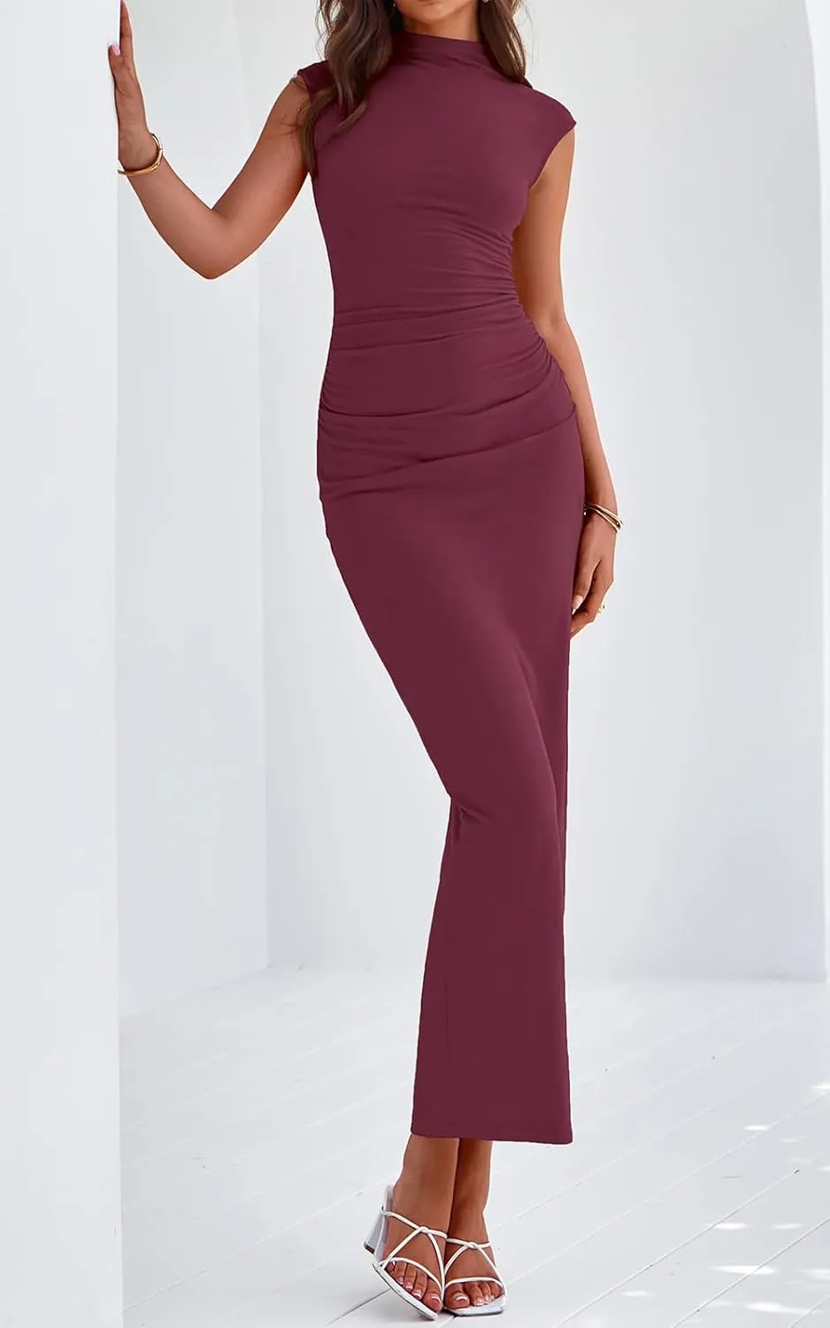 PRETTYGARDEN Women's Summer Maxi Dress Ruched Bodycon Sleeveless Formal Wedding Guest Elegant Cocktail Party Slit Dresses