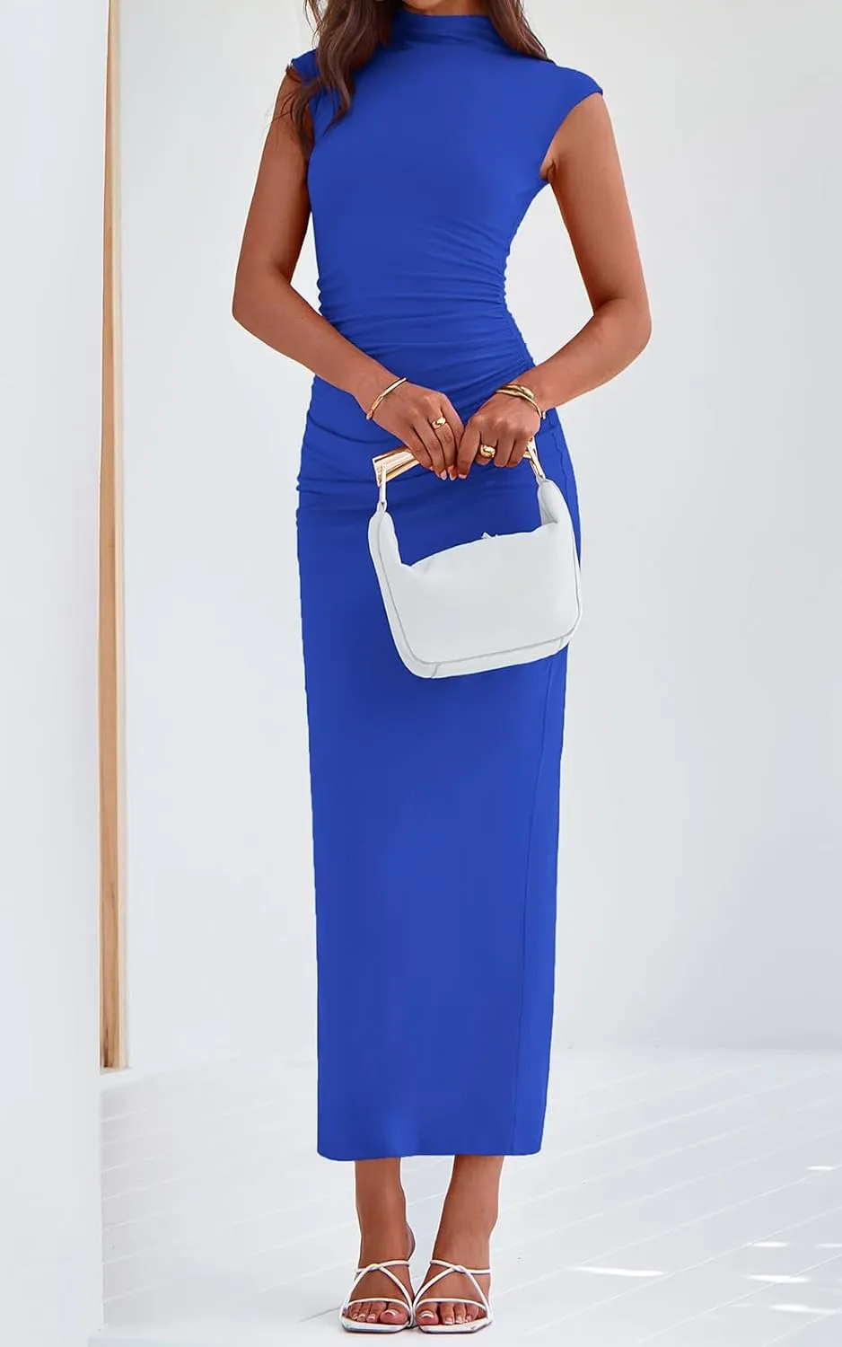 PRETTYGARDEN Women's Summer Maxi Dress Ruched Bodycon Sleeveless Formal Wedding Guest Elegant Cocktail Party Slit Dresses