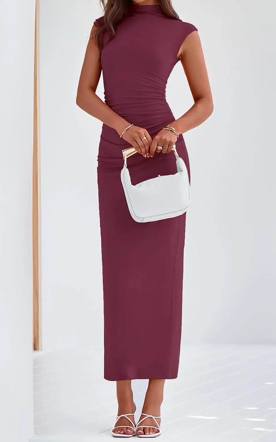PRETTYGARDEN Women's Summer Maxi Dress Ruched Bodycon Sleeveless Formal Wedding Guest Elegant Cocktail Party Slit Dresses