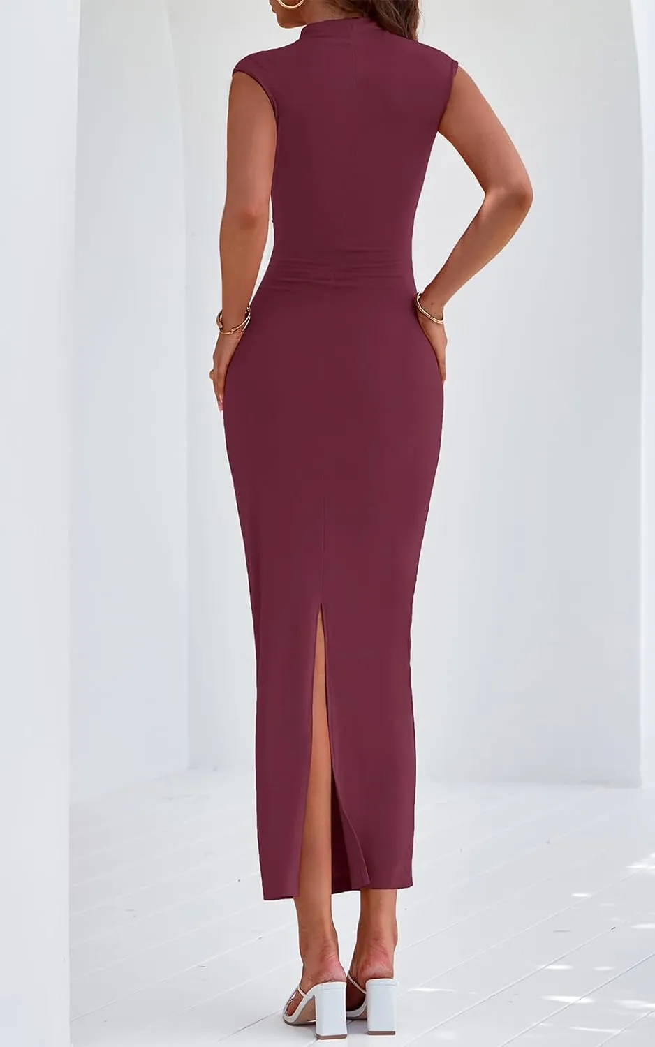 PRETTYGARDEN Women's Summer Maxi Dress Ruched Bodycon Sleeveless Formal Wedding Guest Elegant Cocktail Party Slit Dresses