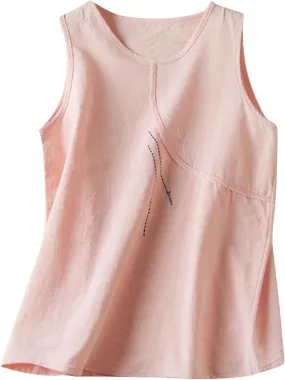 Ruziyoog Cotton Linen Tank Tops for Women Round Neck Sleeveless Summer Blouse Casual Loose Solid Color Tee Shirts