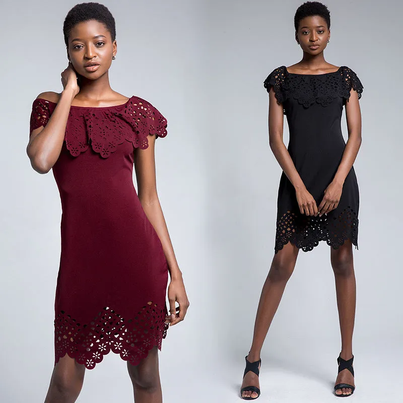 Solid Color Openwork Off Shoulder Short Sleeve Bodycon Dresses