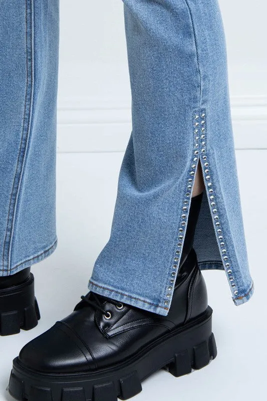 Stretch Rhinestone Side Slit Jeans