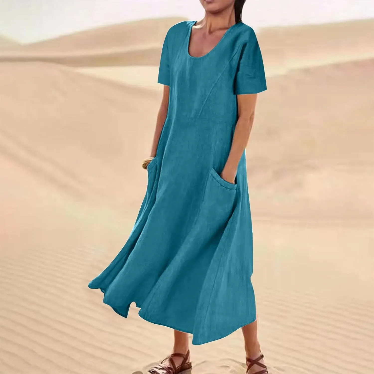 Summer Dresses for Women Cotton Linen Short Sleeve Flowy Maxi Dresses Plus Size Crewneck Beach Dress Loose Sundress