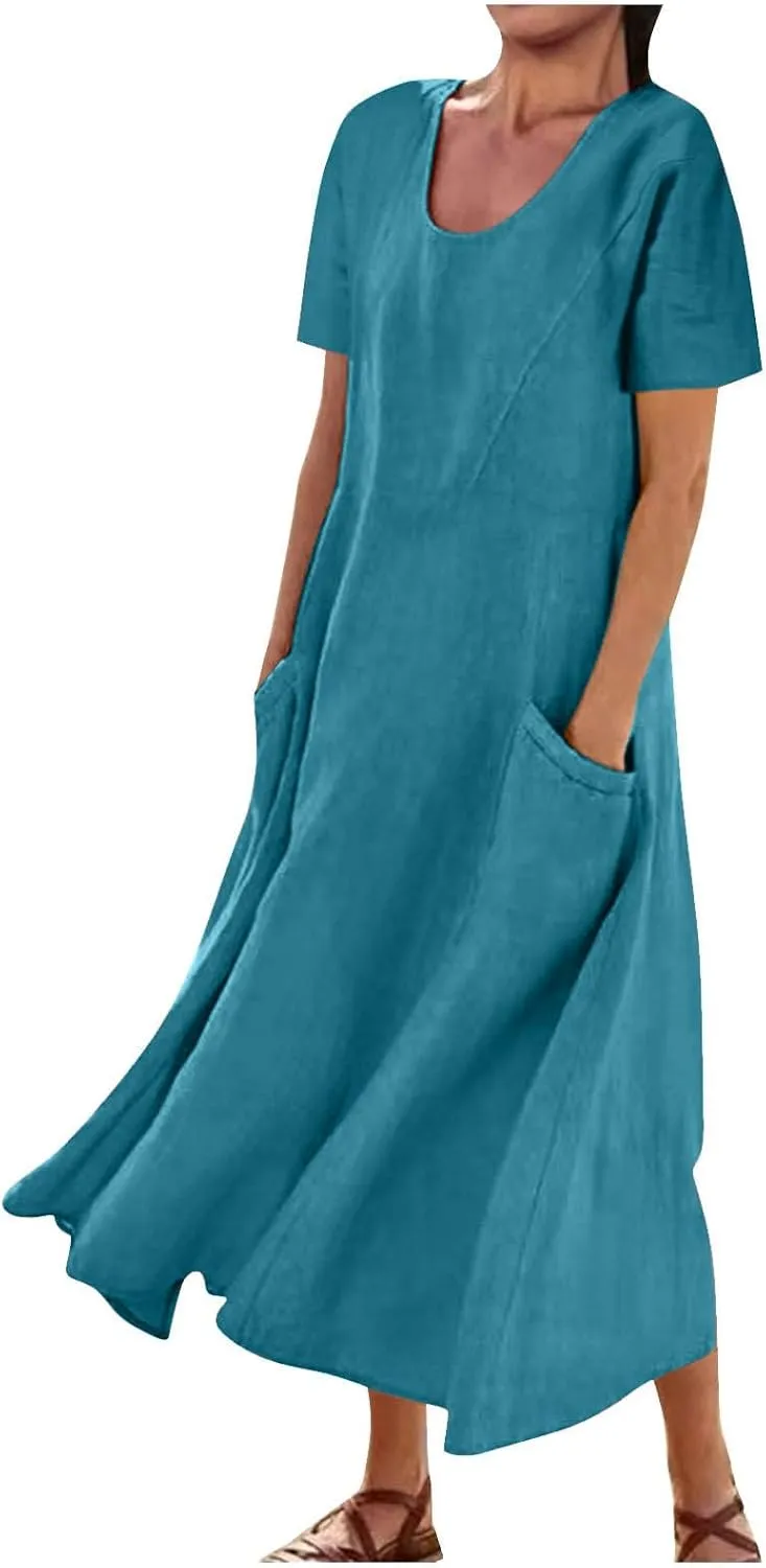 Summer Dresses for Women Cotton Linen Short Sleeve Flowy Maxi Dresses Plus Size Crewneck Beach Dress Loose Sundress