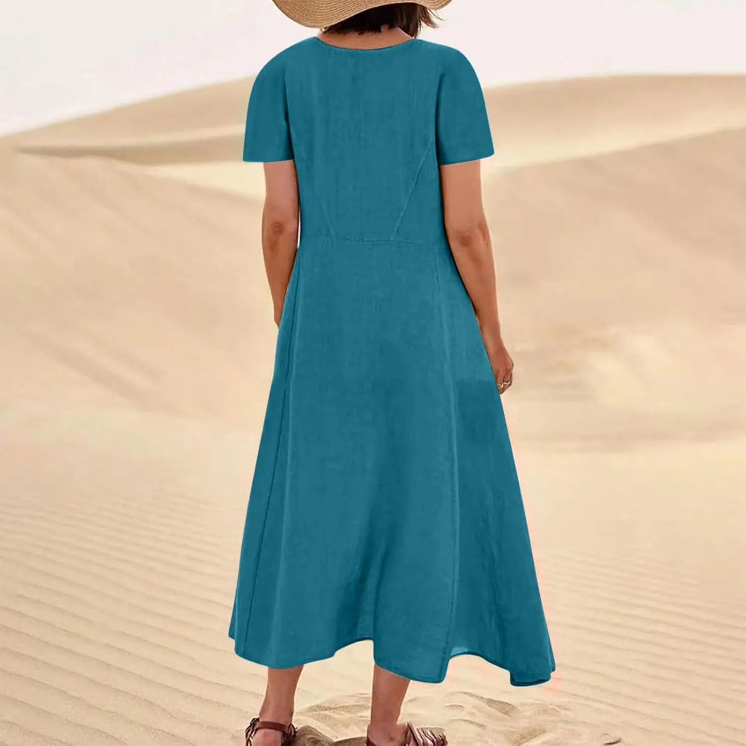 Summer Dresses for Women Cotton Linen Short Sleeve Flowy Maxi Dresses Plus Size Crewneck Beach Dress Loose Sundress