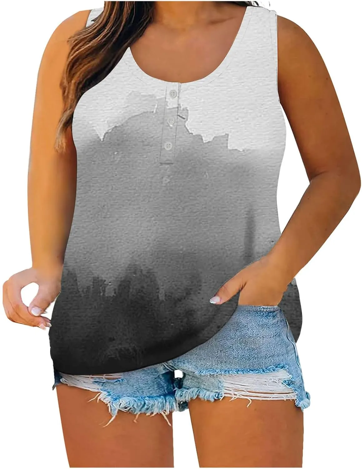 Summer Plus Size Sleeveless Shirt for Women, Fashion Color Block Print Tank Tops Oversized Comfy Henley Shirts