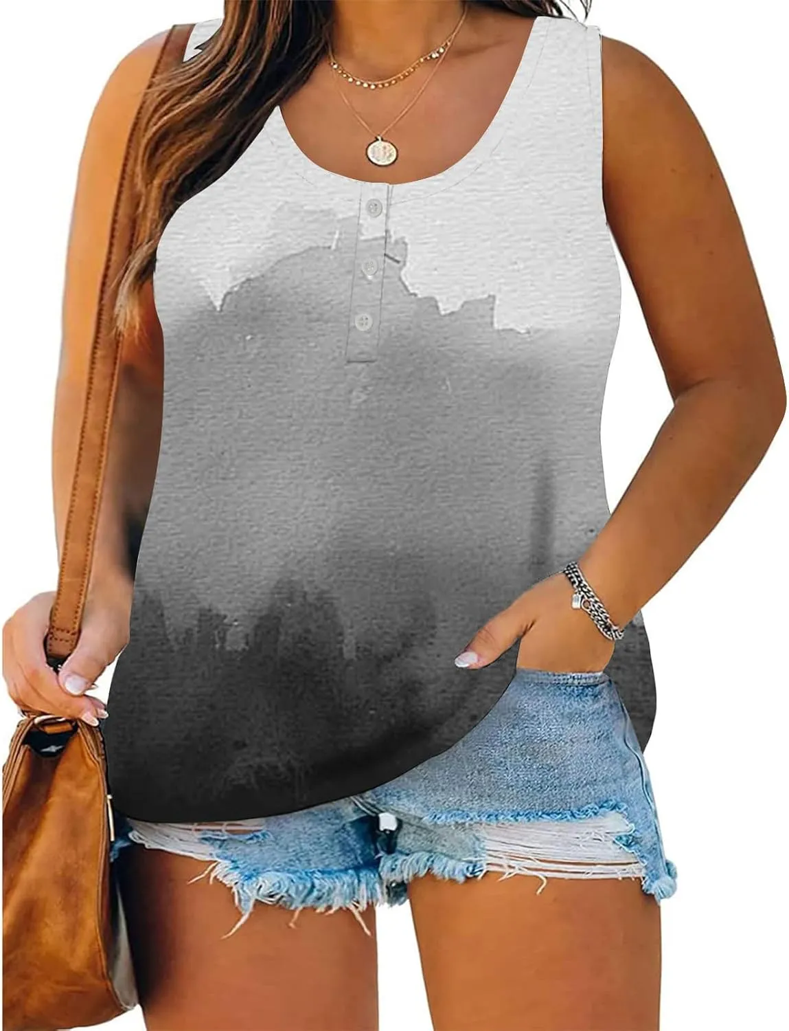Summer Plus Size Sleeveless Shirt for Women, Fashion Color Block Print Tank Tops Oversized Comfy Henley Shirts