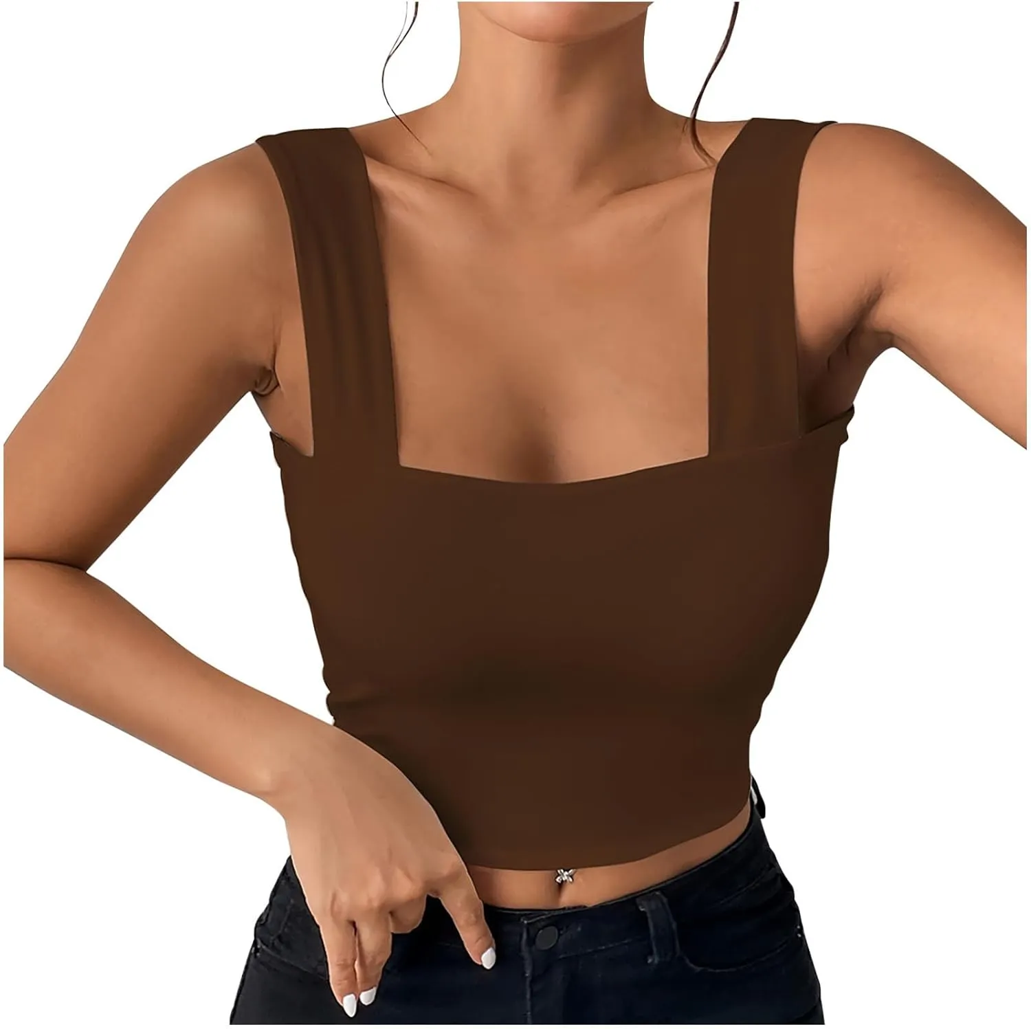Summer Strappy Crop Tank Tops for Women, Solid Color Sleeveless Slim Fit Trendy Shirts Cute Basic Square Neck Clothes