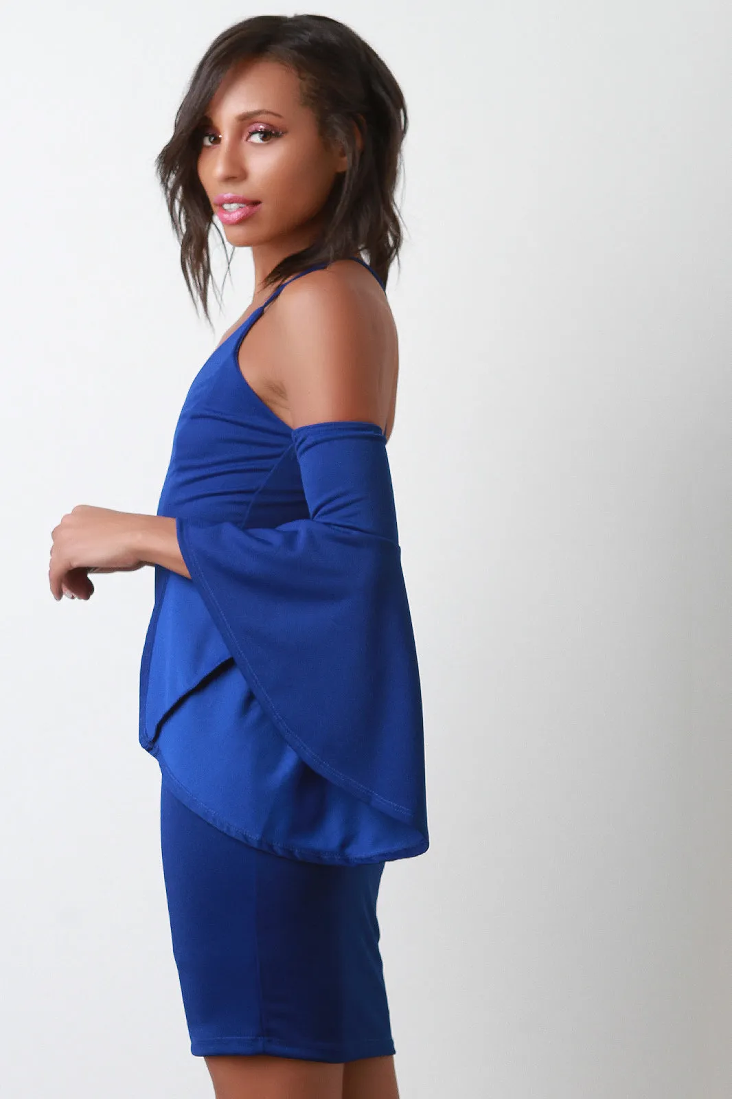 V-Neck Bell Sleeves Cold Shoulder Bodycon Dress