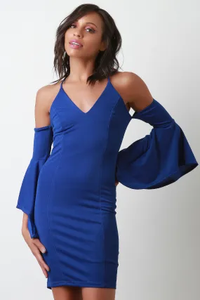 V-Neck Bell Sleeves Cold Shoulder Bodycon Dress