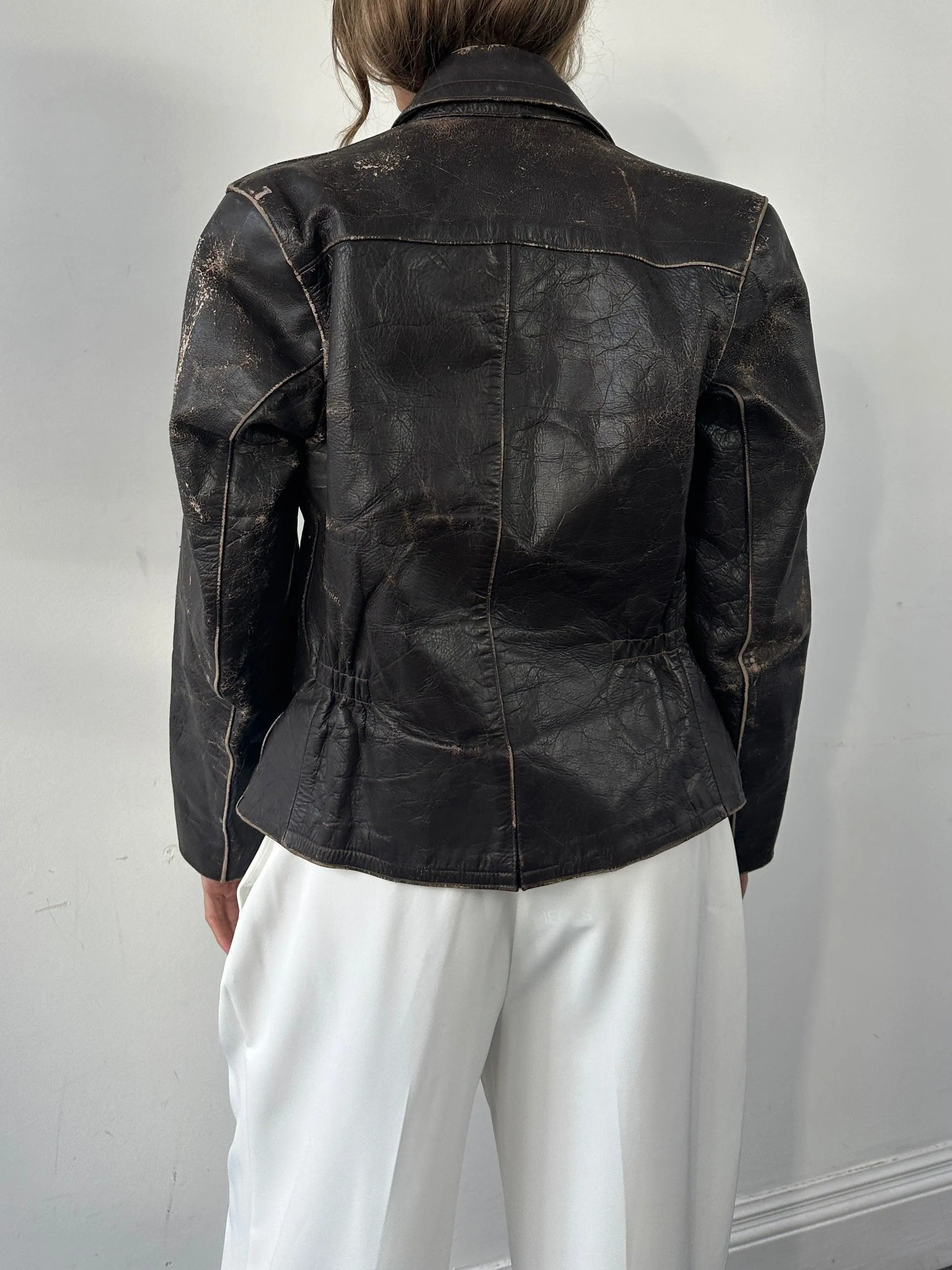 Vintage Distressed Structured Leather Jacket - S/M