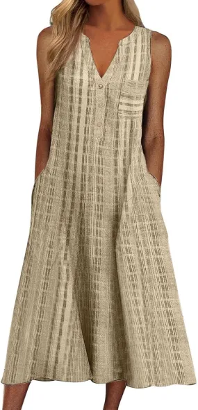 Women Casual Dress Summer Stripe Button V Neck Sleeveless with Pocket Long Dresses Holiday Beach Party Midi Dress
