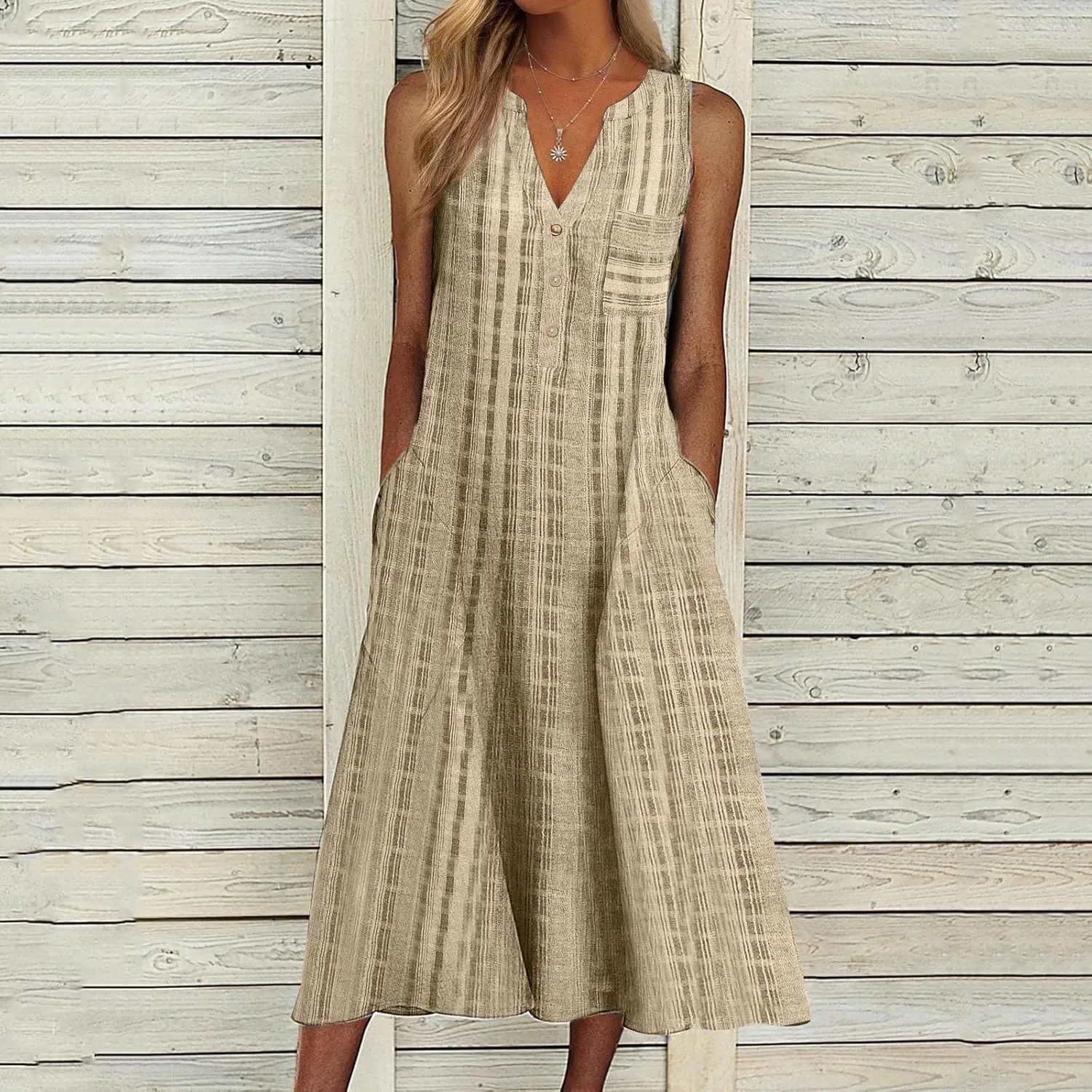 Women Casual Dress Summer Stripe Button V Neck Sleeveless with Pocket Long Dresses Holiday Beach Party Midi Dress