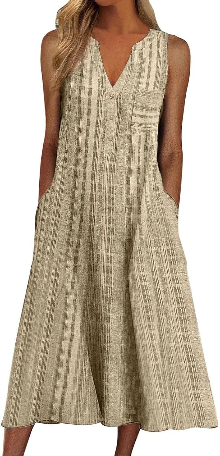 Women Casual Dress Summer Stripe Button V Neck Sleeveless with Pocket Long Dresses Holiday Beach Party Midi Dress
