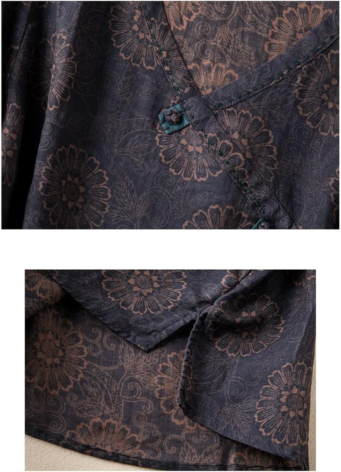 Women Cotton Linen Chinese Vintage Wrap V-Neck Tops Summer Long Sleeve Split Side Hem Casual Loose Flower Tee Shirts