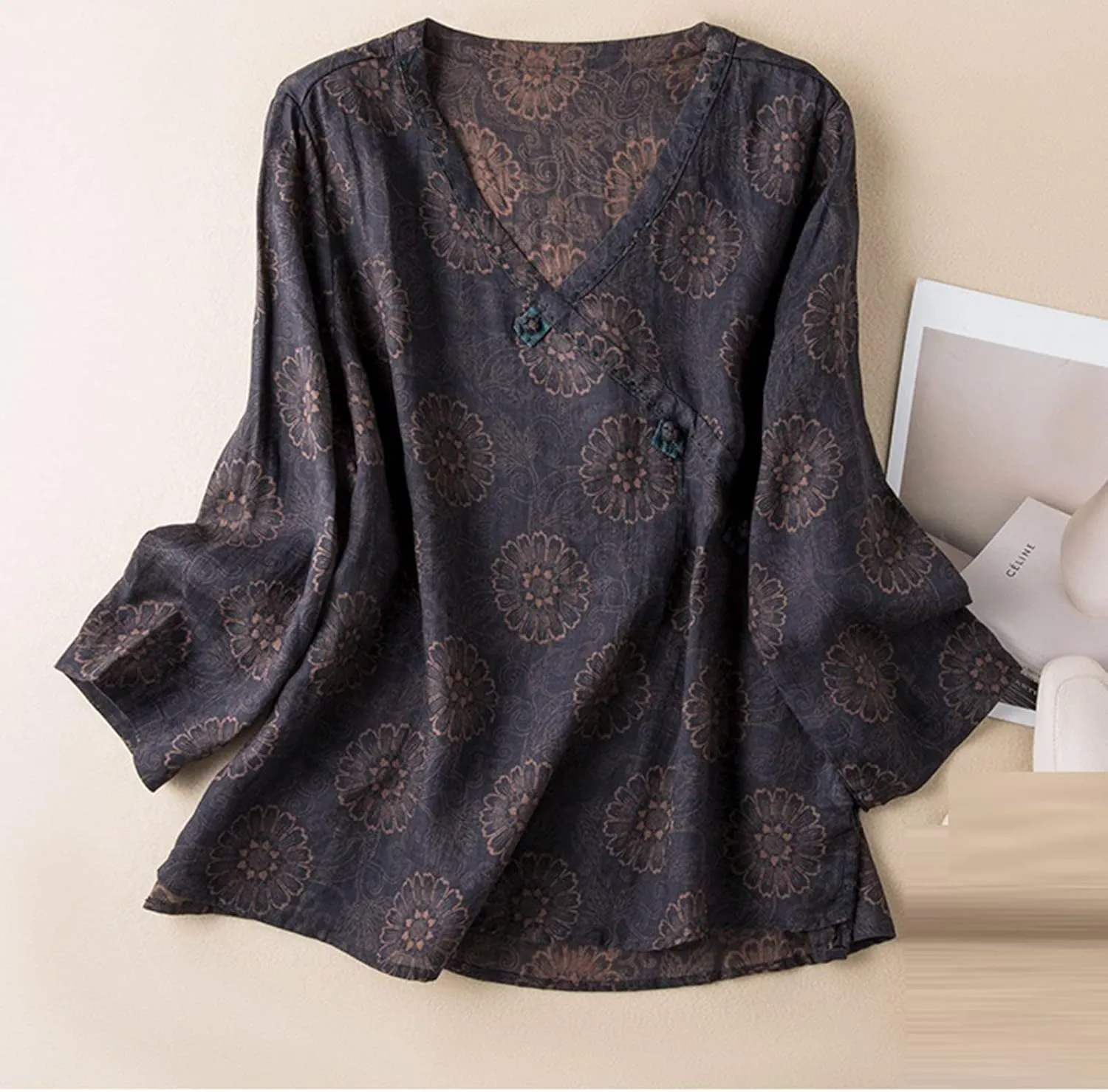 Women Cotton Linen Chinese Vintage Wrap V-Neck Tops Summer Long Sleeve Split Side Hem Casual Loose Flower Tee Shirts
