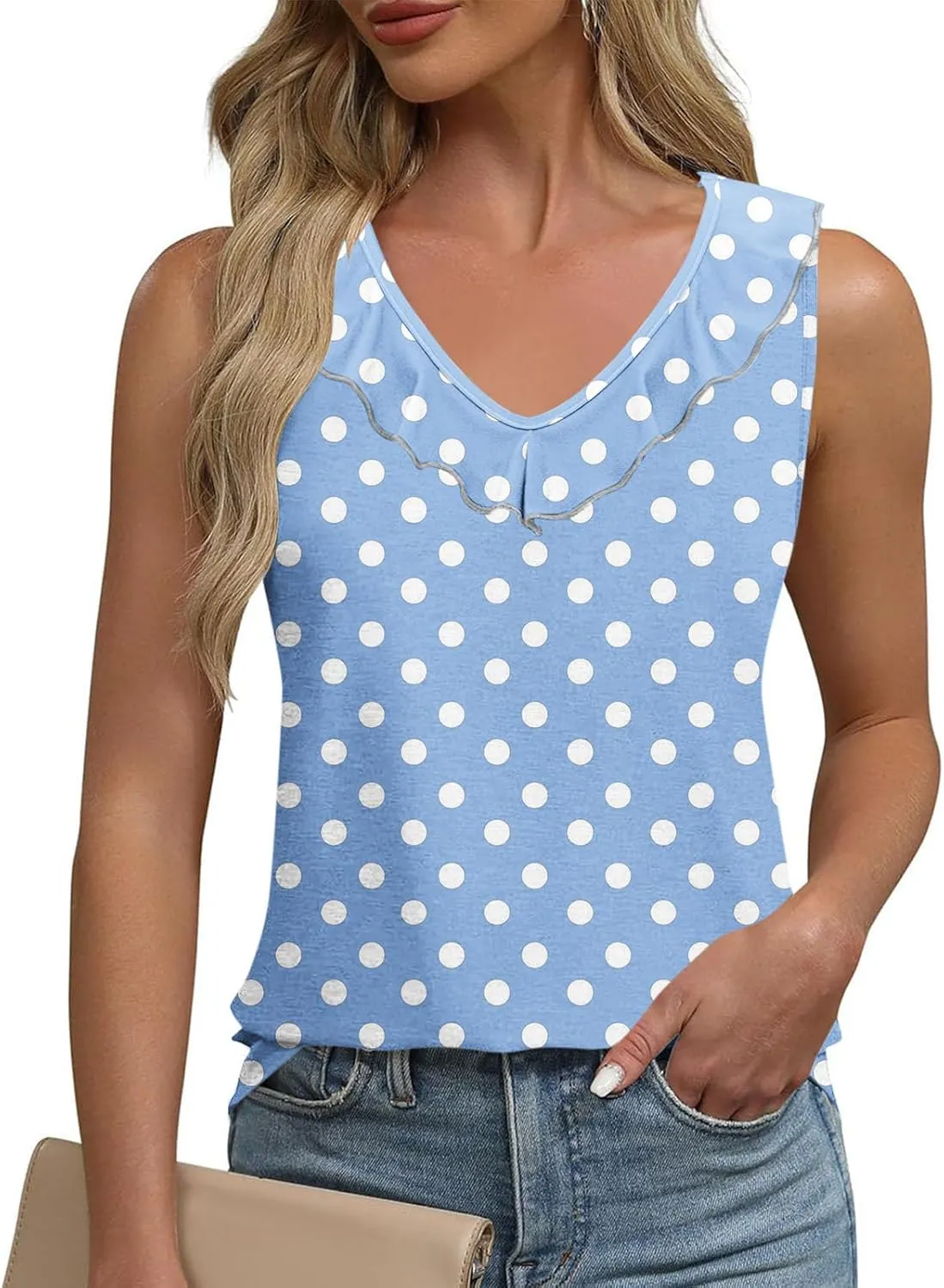 Women Polka Dot Summer Tank Tops, Sleeveless Ruffle Trim V-Neck Casual Vacation Shirts Soft Comfy Loose Daily Clothes