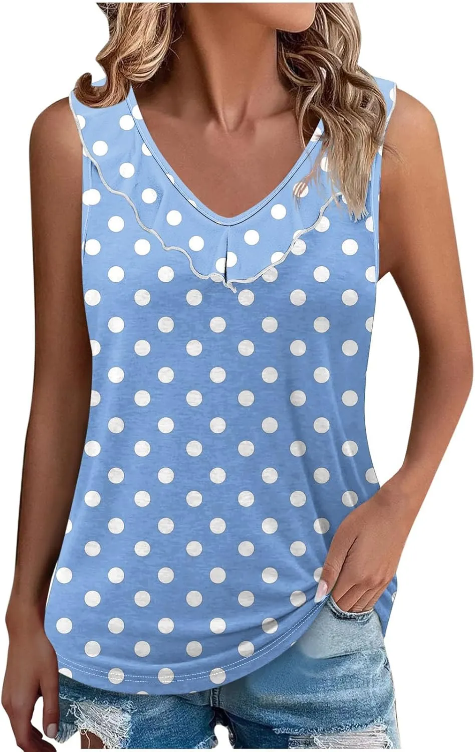 Women Polka Dot Summer Tank Tops, Sleeveless Ruffle Trim V-Neck Casual Vacation Shirts Soft Comfy Loose Daily Clothes