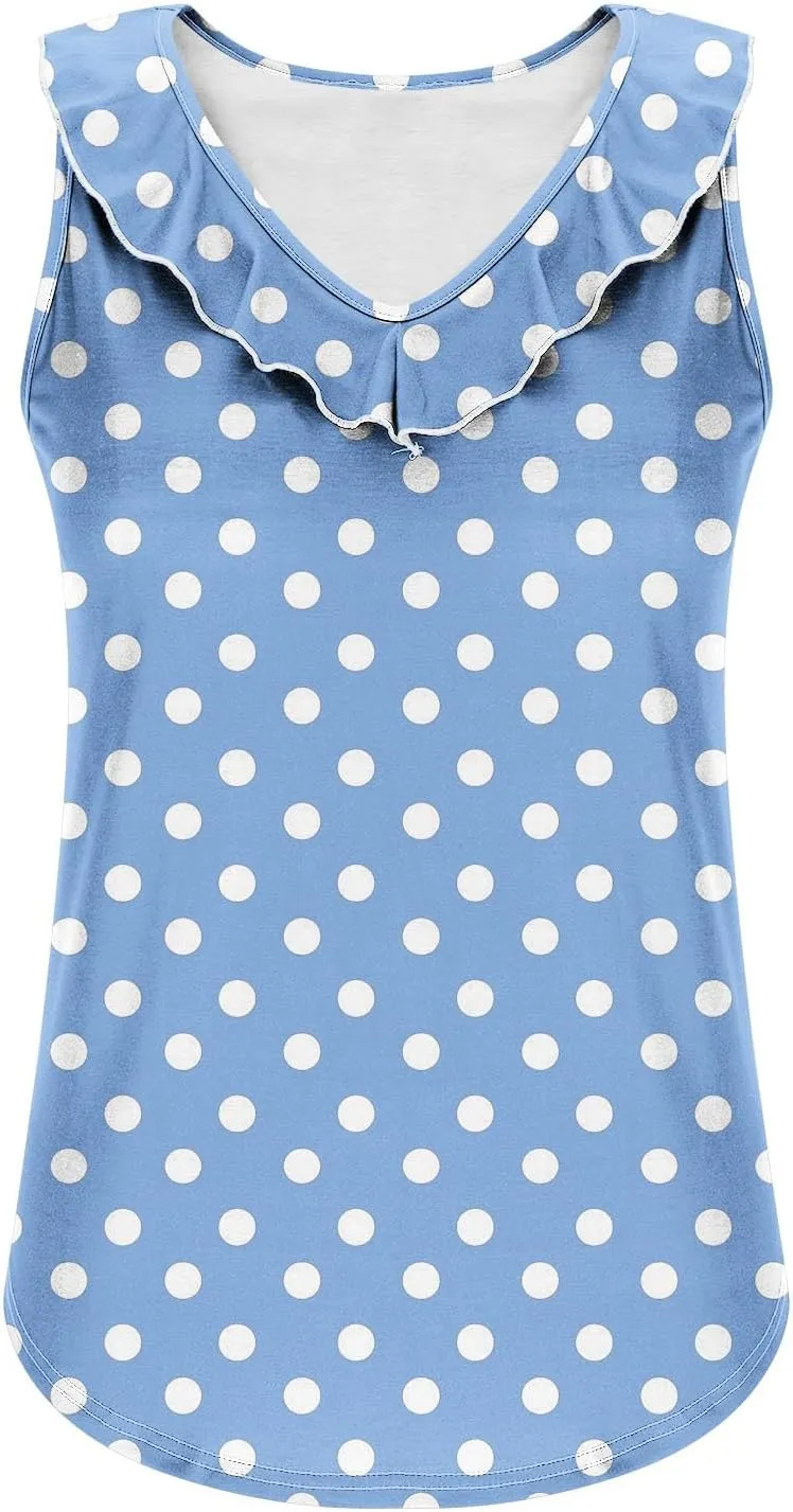 Women Polka Dot Summer Tank Tops, Sleeveless Ruffle Trim V-Neck Casual Vacation Shirts Soft Comfy Loose Daily Clothes