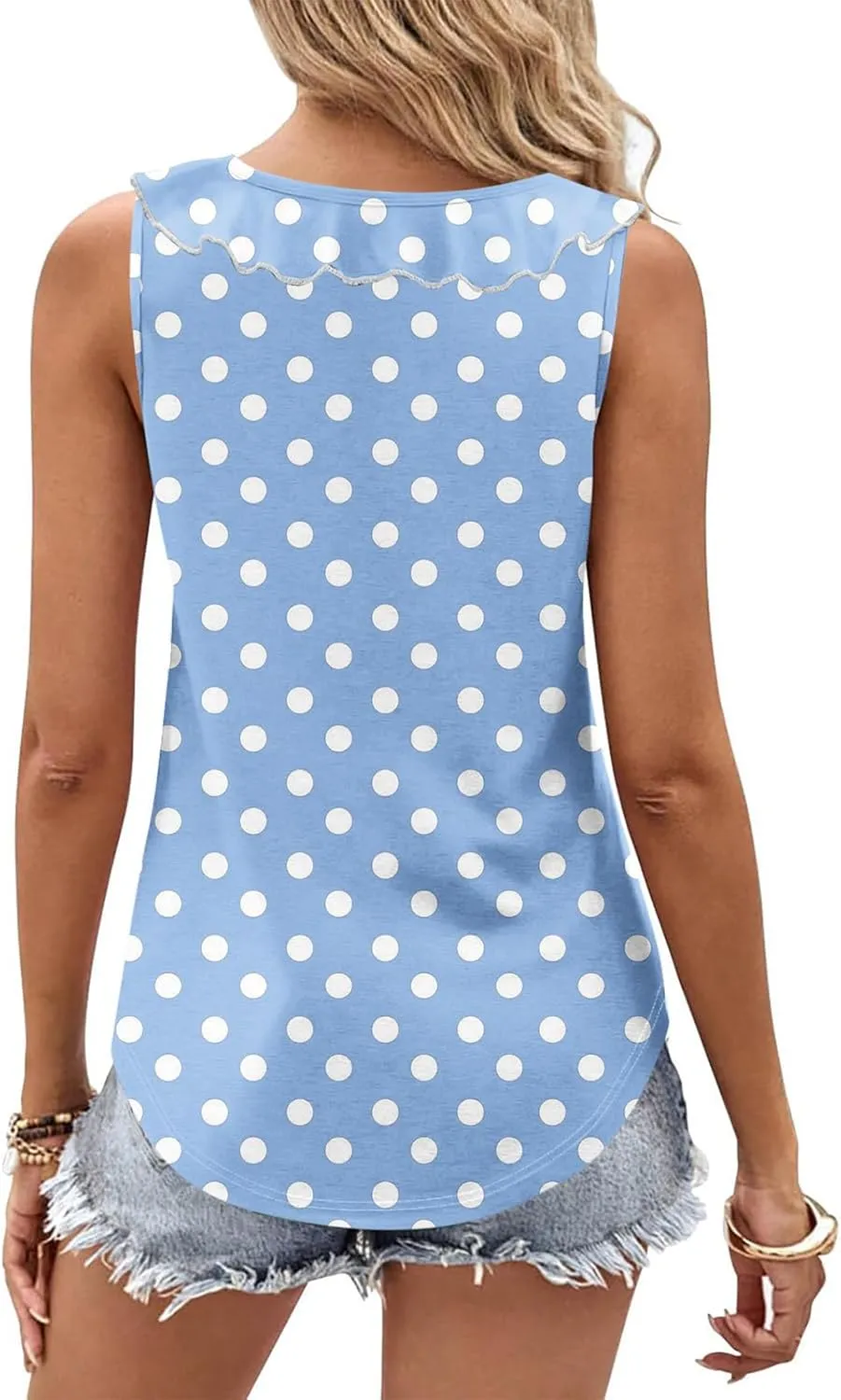 Women Polka Dot Summer Tank Tops, Sleeveless Ruffle Trim V-Neck Casual Vacation Shirts Soft Comfy Loose Daily Clothes