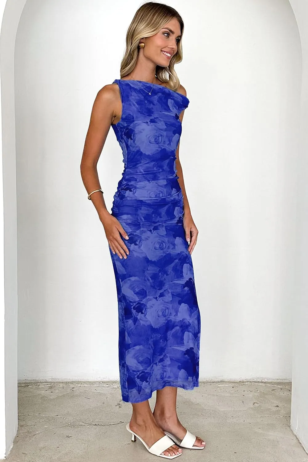 Women's 2025 Summer Mesh Bodycon Maxi Dresses Floral Tie Dye Sleeveless Side Slit Wedding Cocktail Long Dress