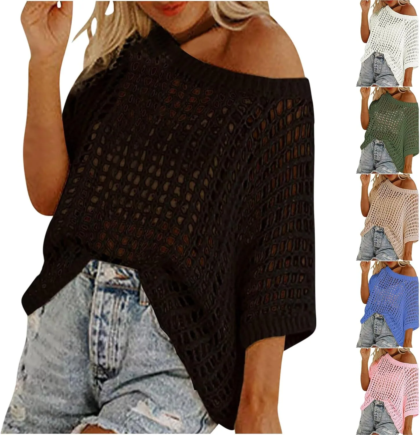 Womens Crochet Tops Scoop Neck Short Sleeve Sweater Fashion Casual Hollow Out Knit Tops Pullover Shirts Beach Coverup