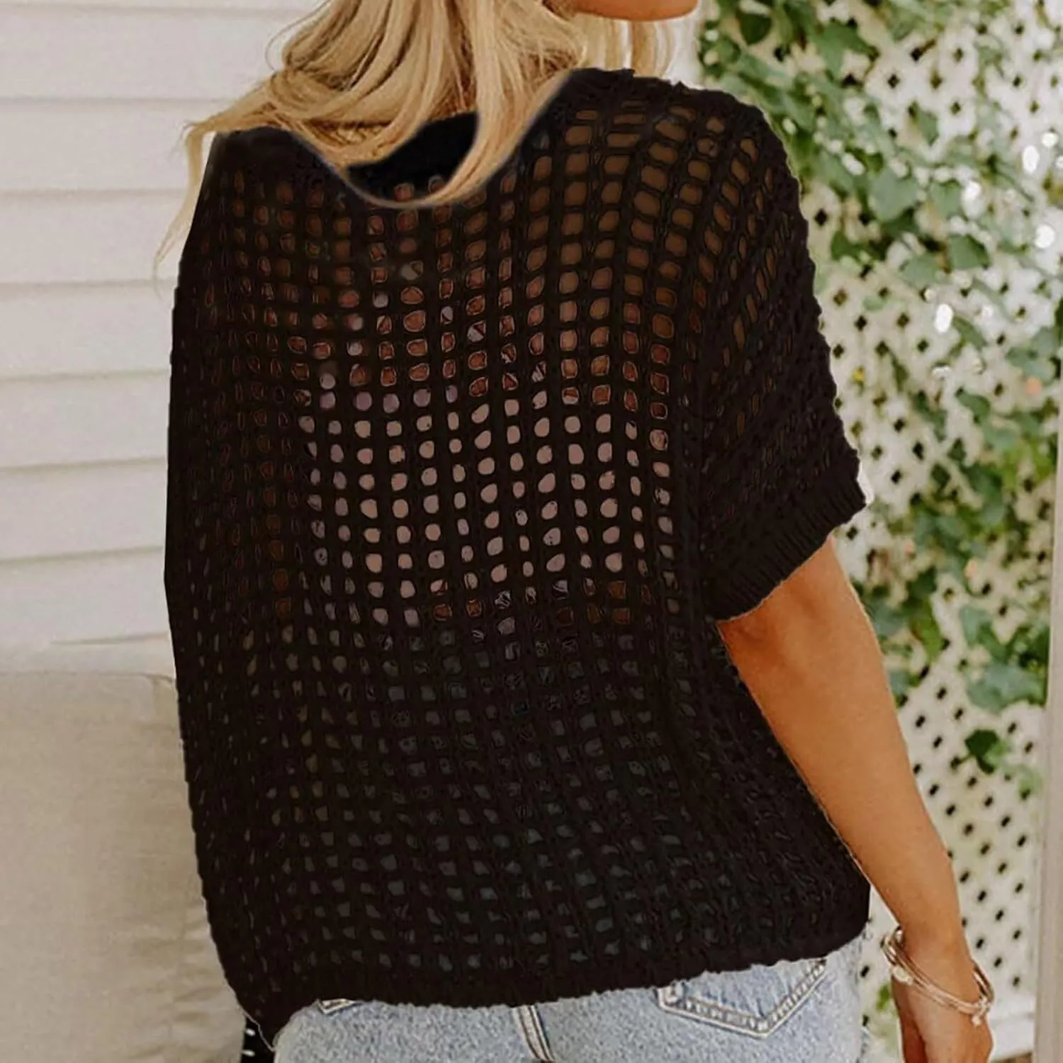 Womens Crochet Tops Scoop Neck Short Sleeve Sweater Fashion Casual Hollow Out Knit Tops Pullover Shirts Beach Coverup