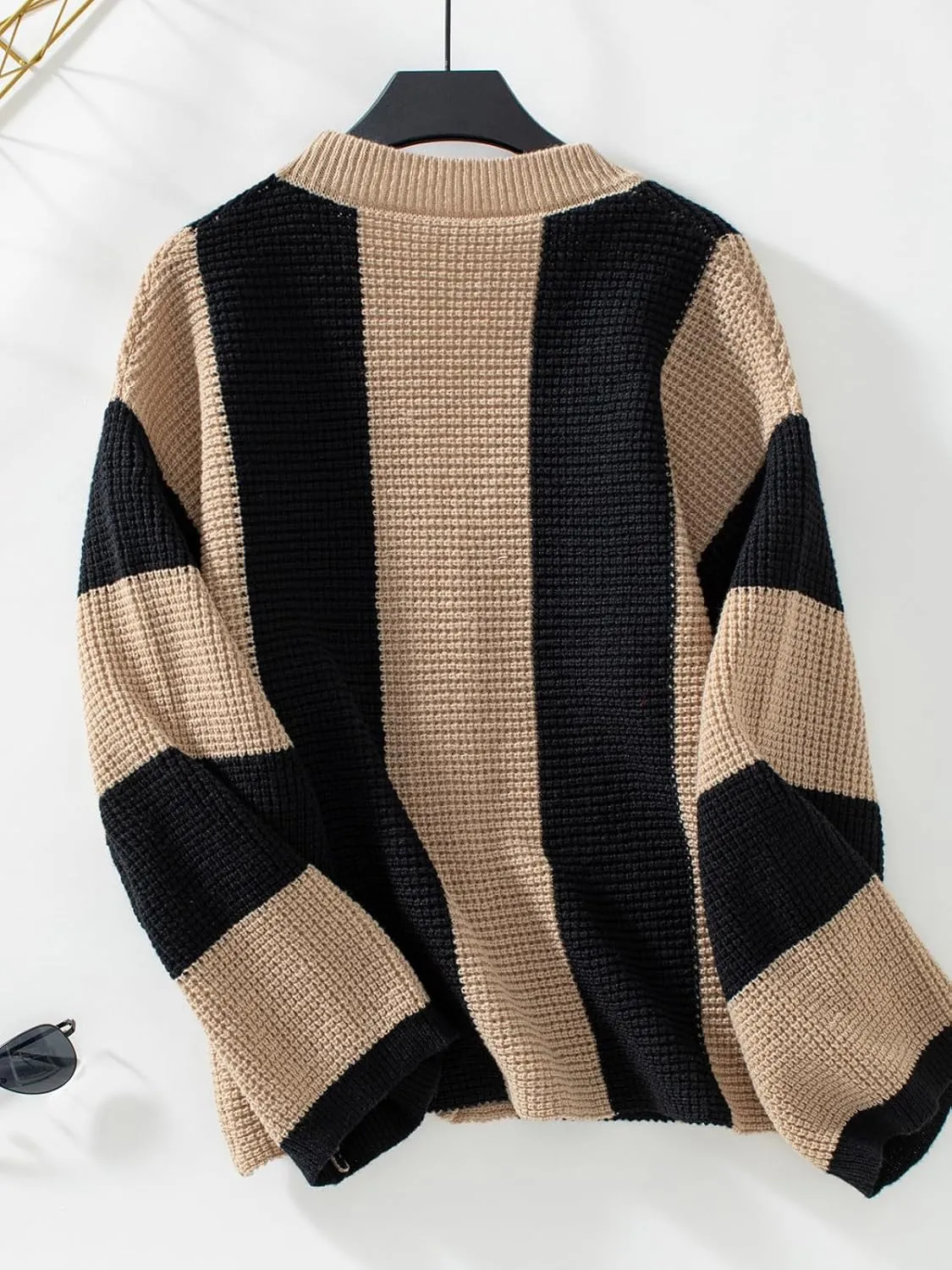 Womens Cropped Cardigan Sweaters Button Down Striped Chunky Cardigan Fall Long Sleeve Cable Knit Sweater Knitwear Coat