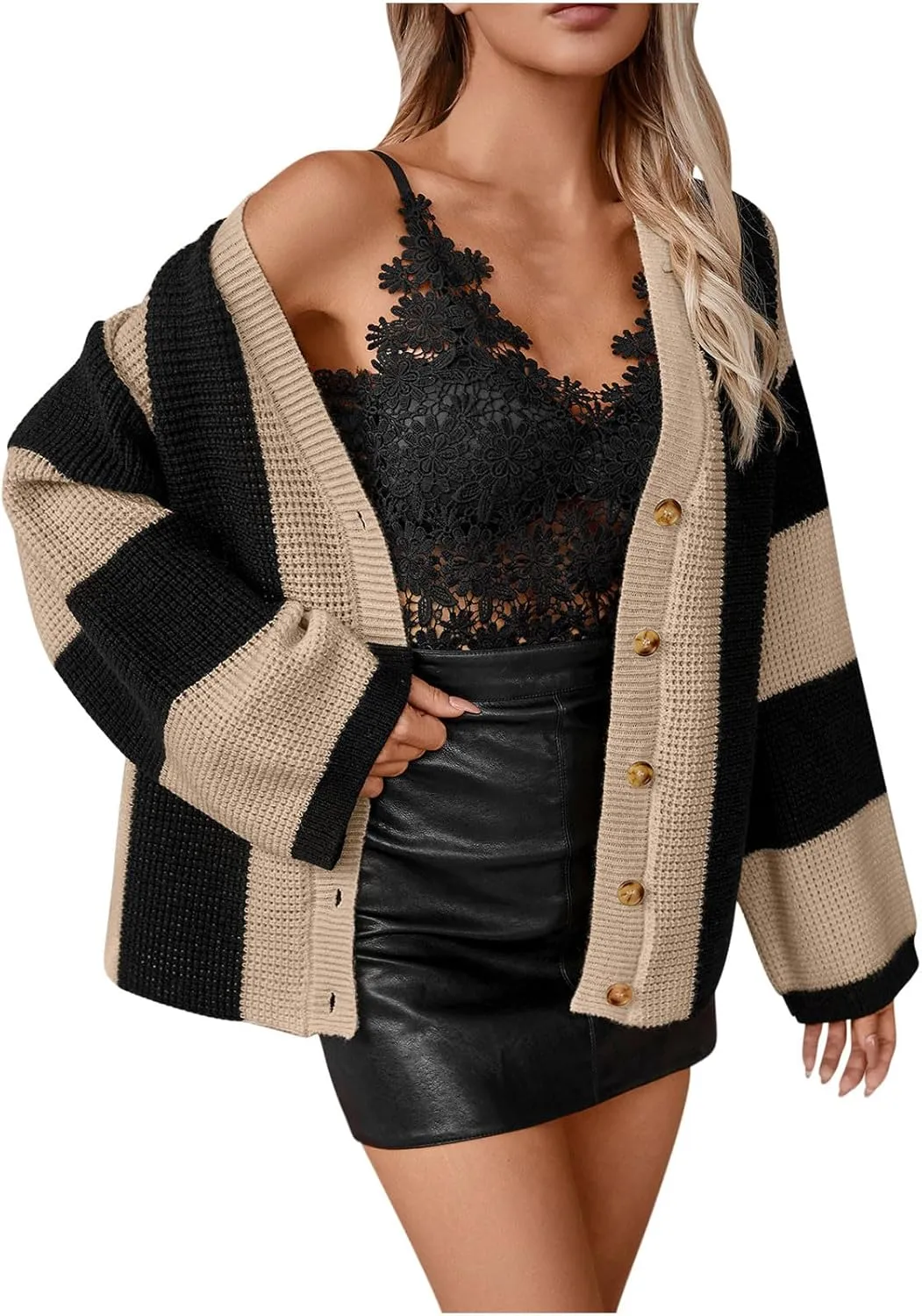 Womens Cropped Cardigan Sweaters Button Down Striped Chunky Cardigan Fall Long Sleeve Cable Knit Sweater Knitwear Coat
