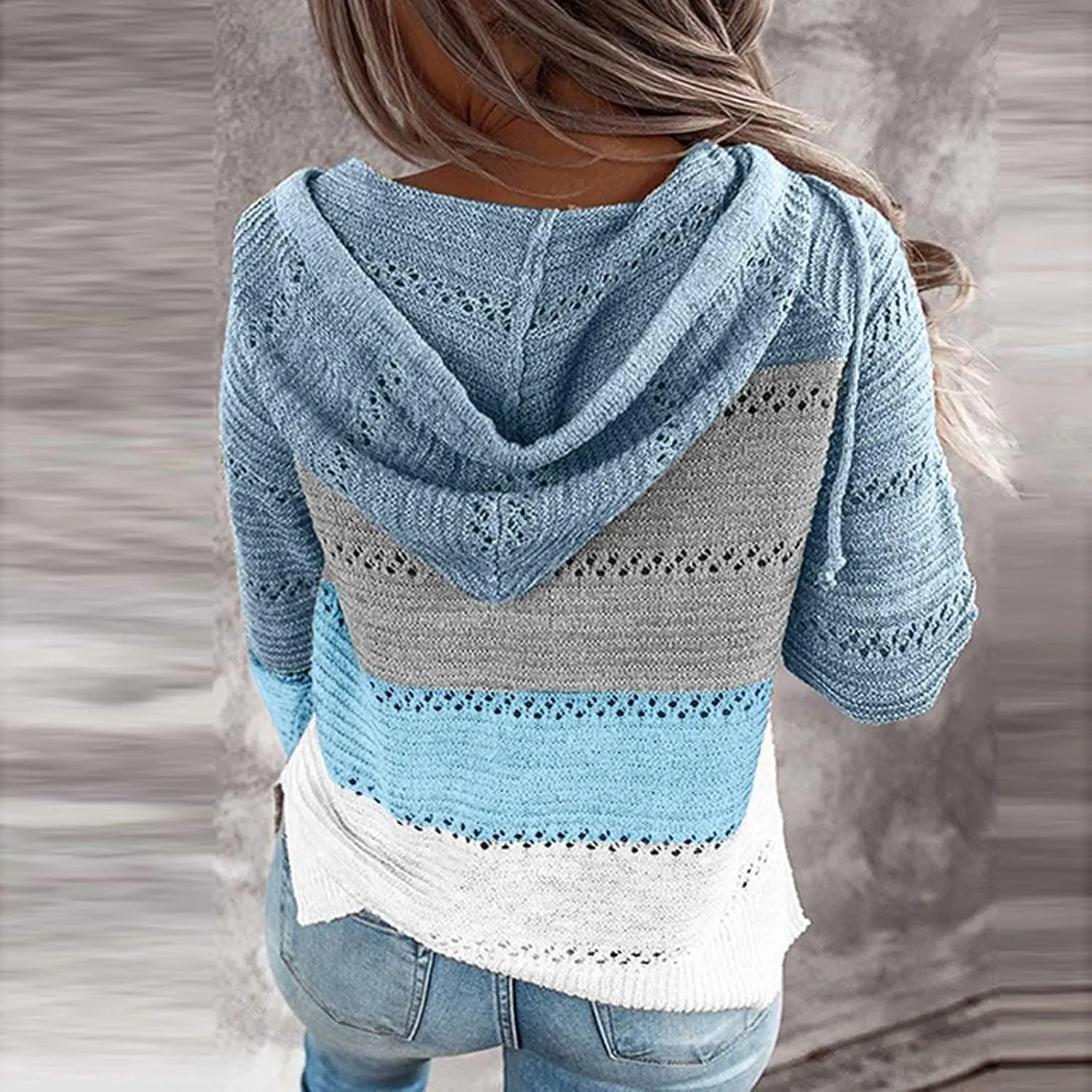 Womens Fall Fashion 2024 Hoodies Striped Color Block Sweaters Casual V Neck Waffle Knit Zipper Tops