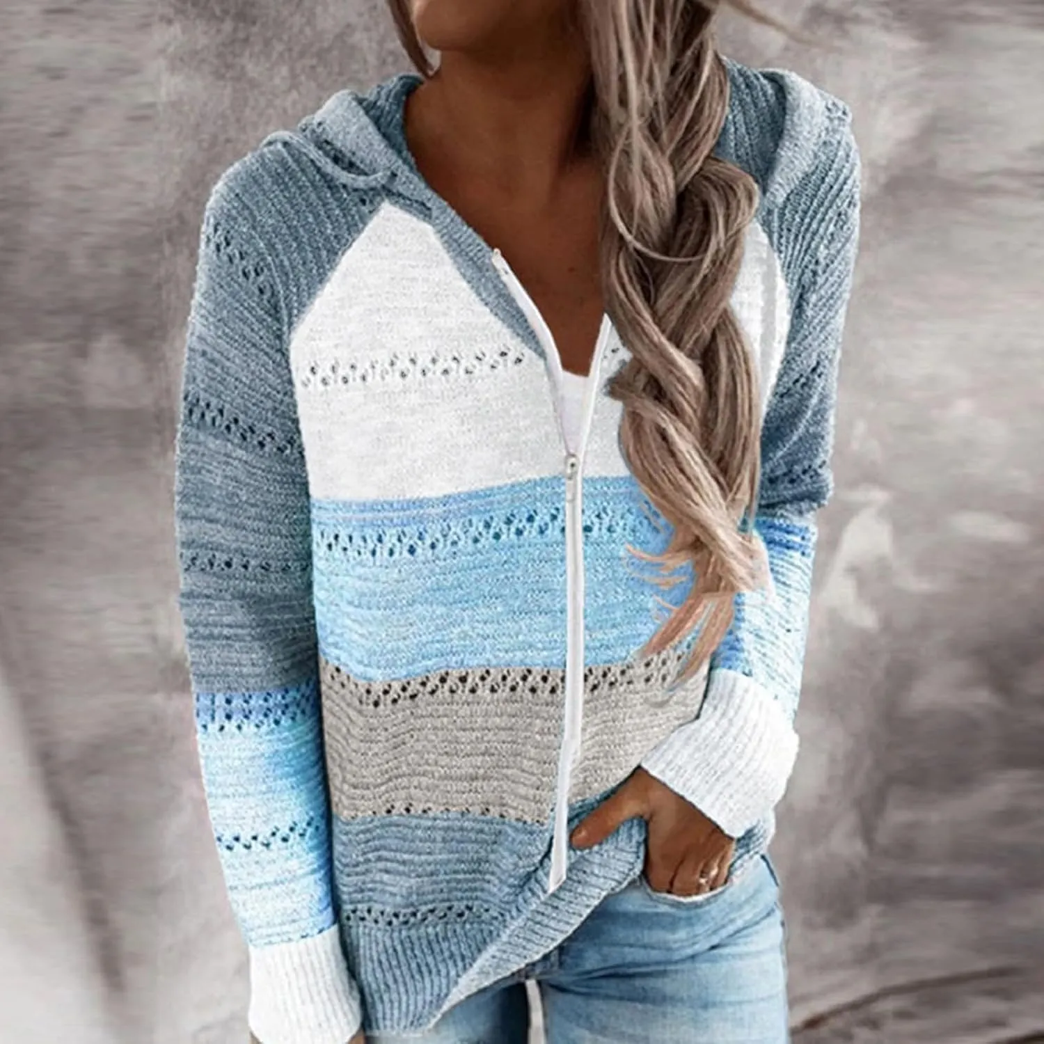 Womens Fall Fashion 2024 Hoodies Striped Color Block Sweaters Casual V Neck Waffle Knit Zipper Tops