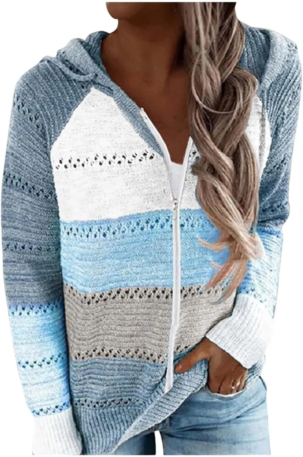 Womens Fall Fashion 2024 Hoodies Striped Color Block Sweaters Casual V Neck Waffle Knit Zipper Tops