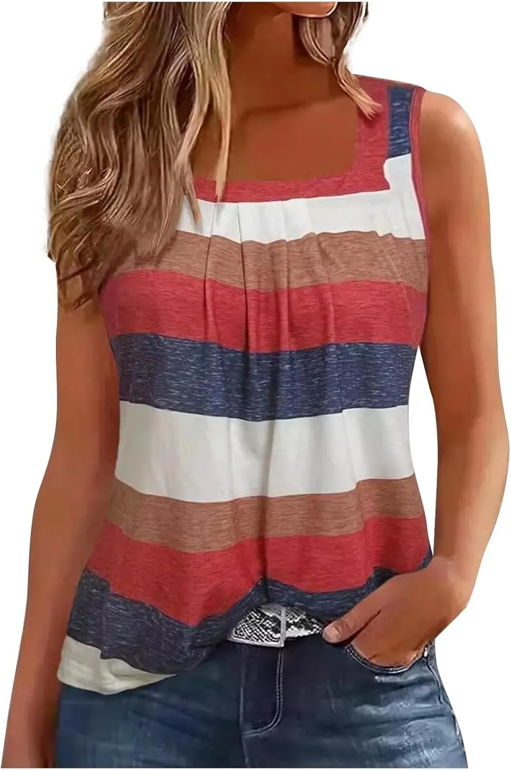 Women's Fashion Color Block Summer Tank Tops, Sleeveless Soft Comfy Loose Shirts Pleated Casual Going Out Clothes
