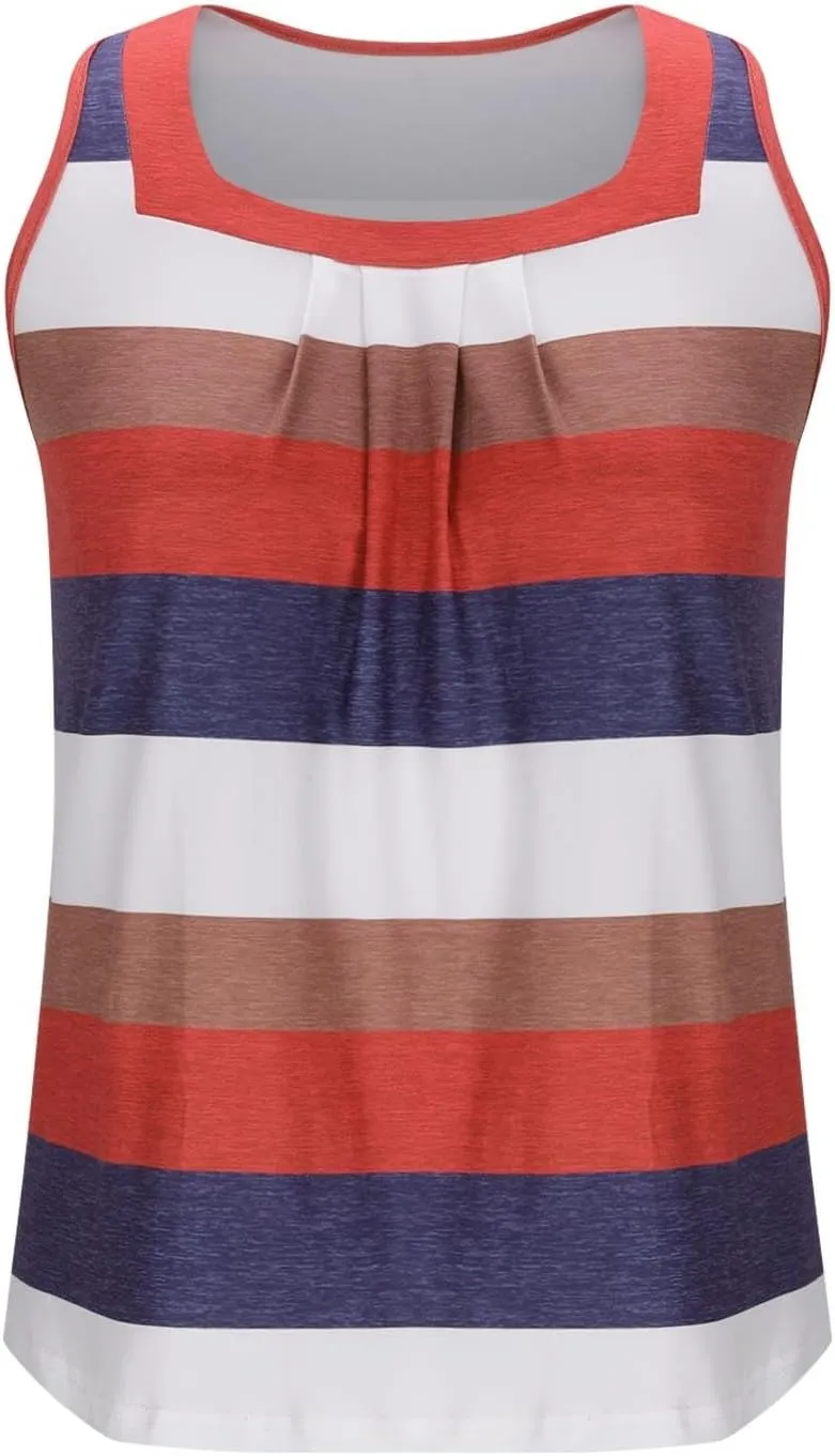 Women's Fashion Color Block Summer Tank Tops, Sleeveless Soft Comfy Loose Shirts Pleated Casual Going Out Clothes