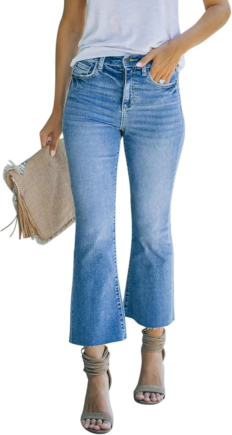 Women's High Waisted Crop Flare Jeans for Women Cropped Bell Bottom Jeans for Women Denim Pants with Live Hem