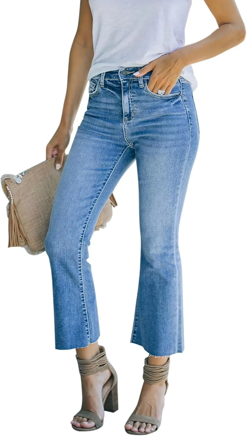 Women's High Waisted Crop Flare Jeans for Women Cropped Bell Bottom Jeans for Women Denim Pants with Live Hem