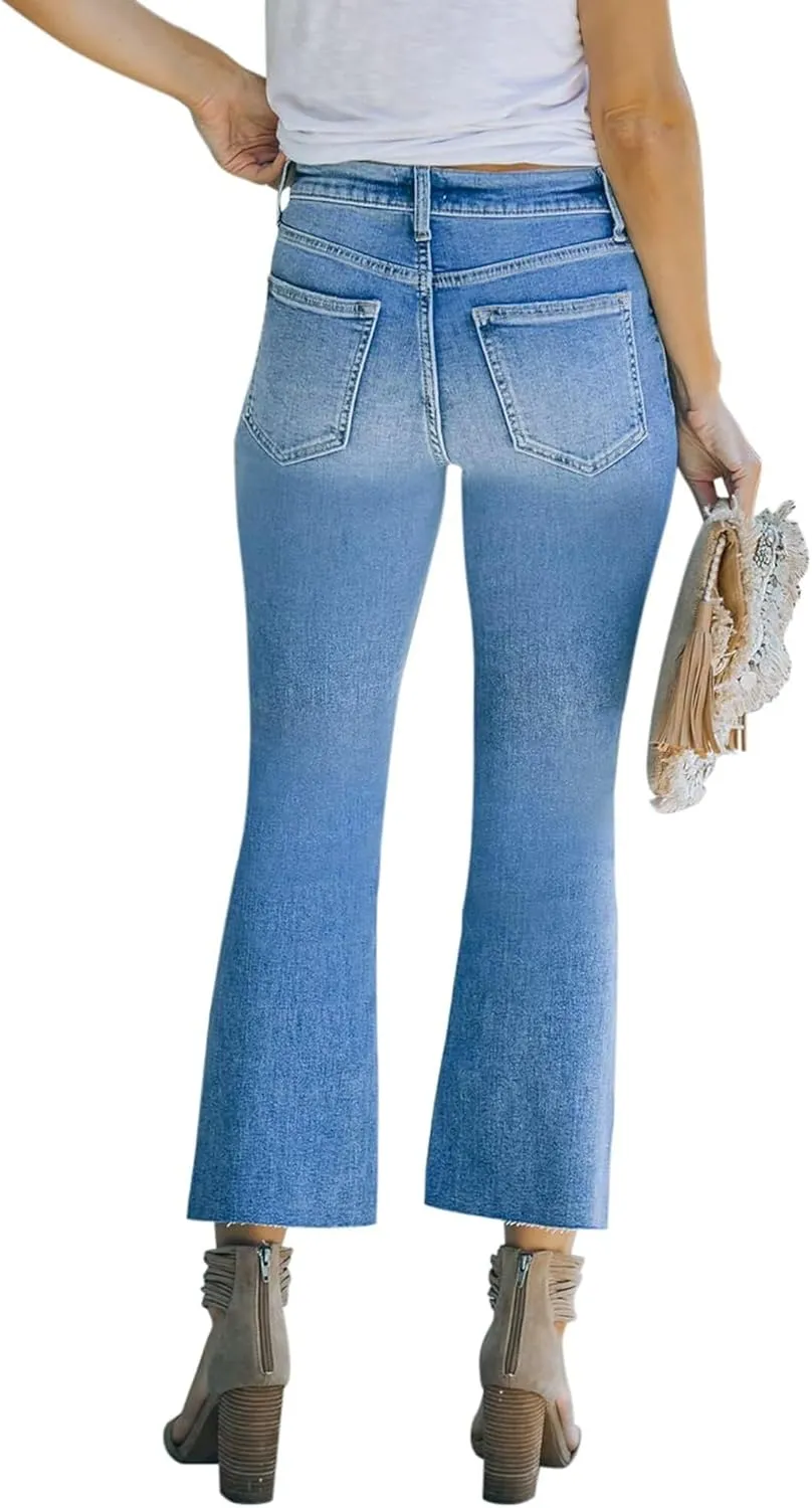 Women's High Waisted Crop Flare Jeans for Women Cropped Bell Bottom Jeans for Women Denim Pants with Live Hem