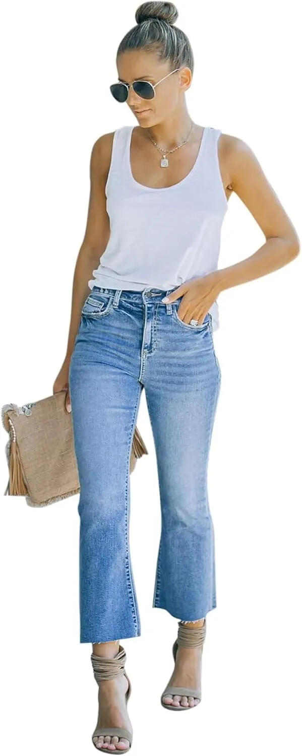 Women's High Waisted Crop Flare Jeans for Women Cropped Bell Bottom Jeans for Women Denim Pants with Live Hem