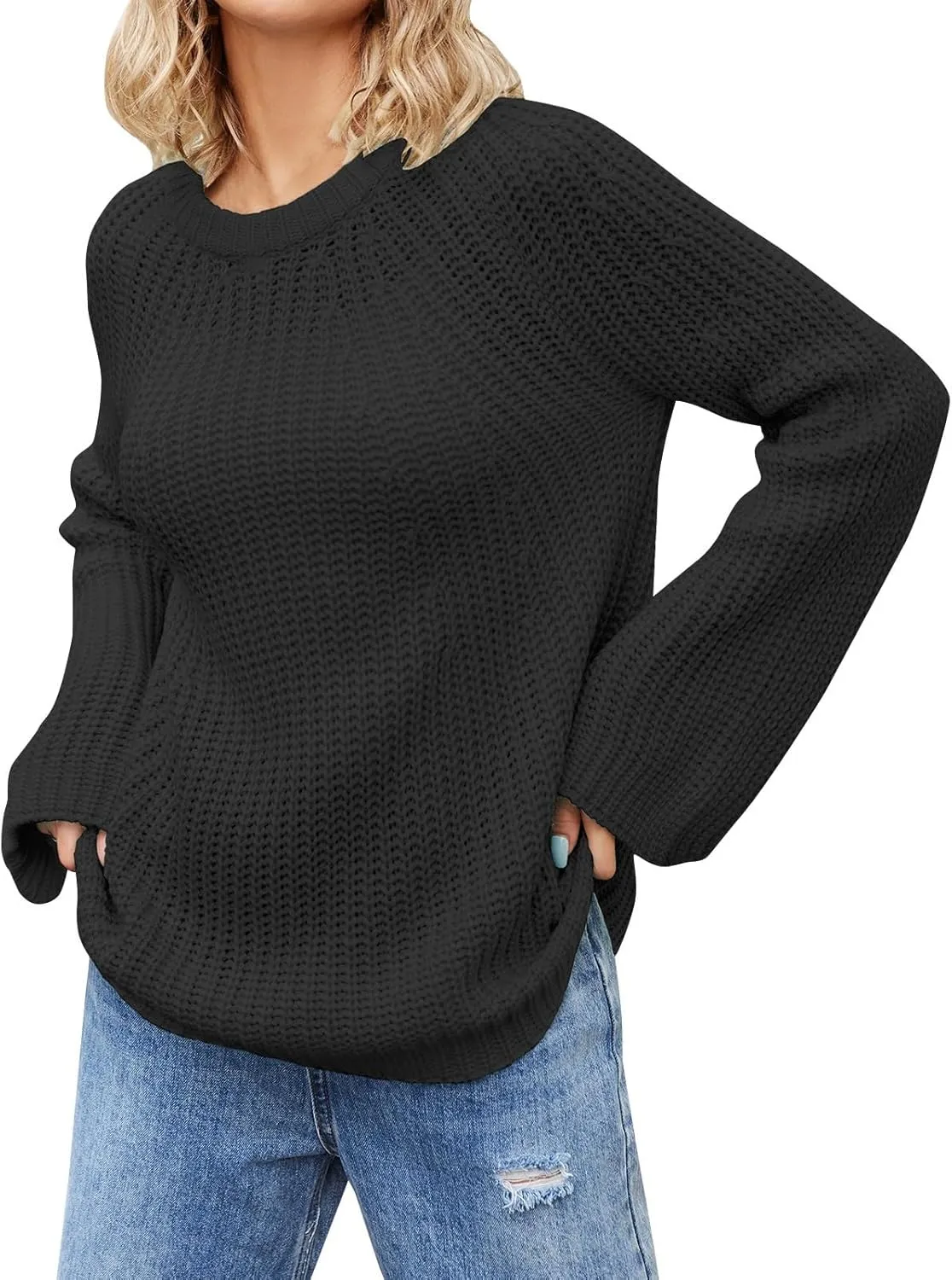 Womens Oversized Sweaters Long Lantern Sleeve Crew Neck 2024 Fall Trendy Ribbed Knit Pullover Sweater Casual Tops