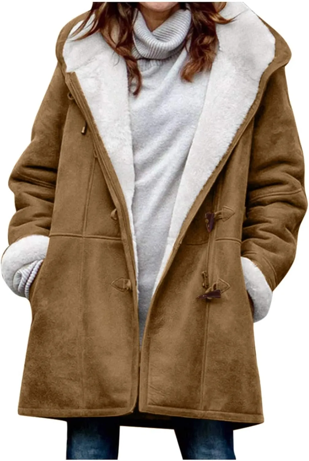 Womens Plus Size Fleece Winter Coats 2024 Sherpa Lined Fuzzy Plush Hooded Cardigans Jackets Distressed Faux Suede Parkas