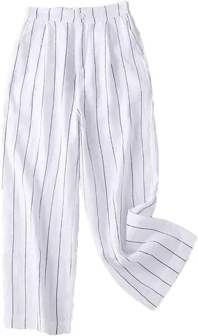 Womens Stripes Cotton Linen Pants, Summer Lightweight Boho Wide Leg High Waist Casual Lounge Trousers with Pockets New