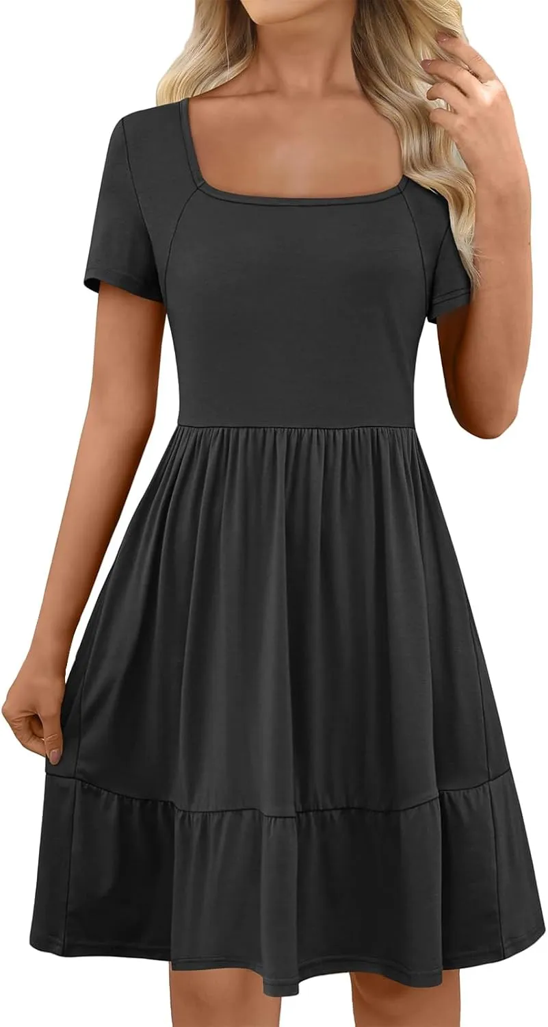 Womens Summer Dresses Casual Square Neck Short Sleeve A Line Midi Dress Loose Fit Tunic Ruffle Hem Beach Sundress