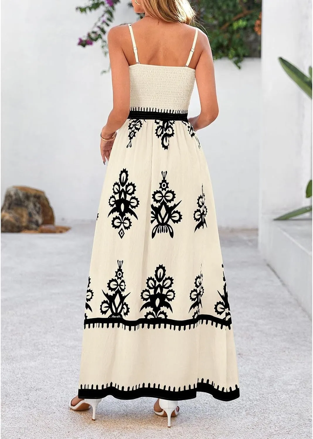 XOWRTE Women's 2025 Summer Spaghetti Straps Sleeveless Backless Sundress Flowy Smocked Elastic Chest Swing A Line Midi Dress