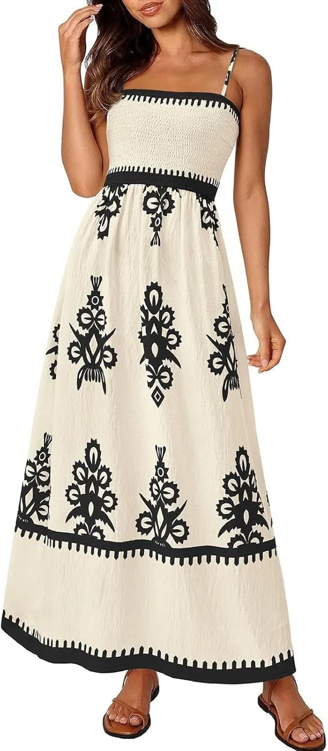 XOWRTE Women's 2025 Summer Spaghetti Straps Sleeveless Backless Sundress Flowy Smocked Elastic Chest Swing A Line Midi Dress