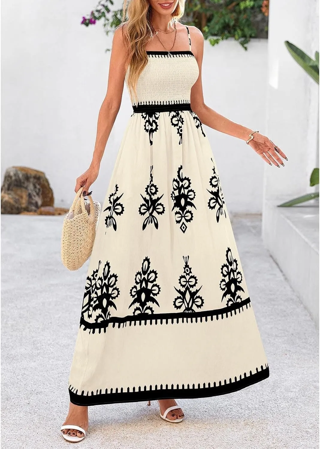 XOWRTE Women's 2025 Summer Spaghetti Straps Sleeveless Backless Sundress Flowy Smocked Elastic Chest Swing A Line Midi Dress